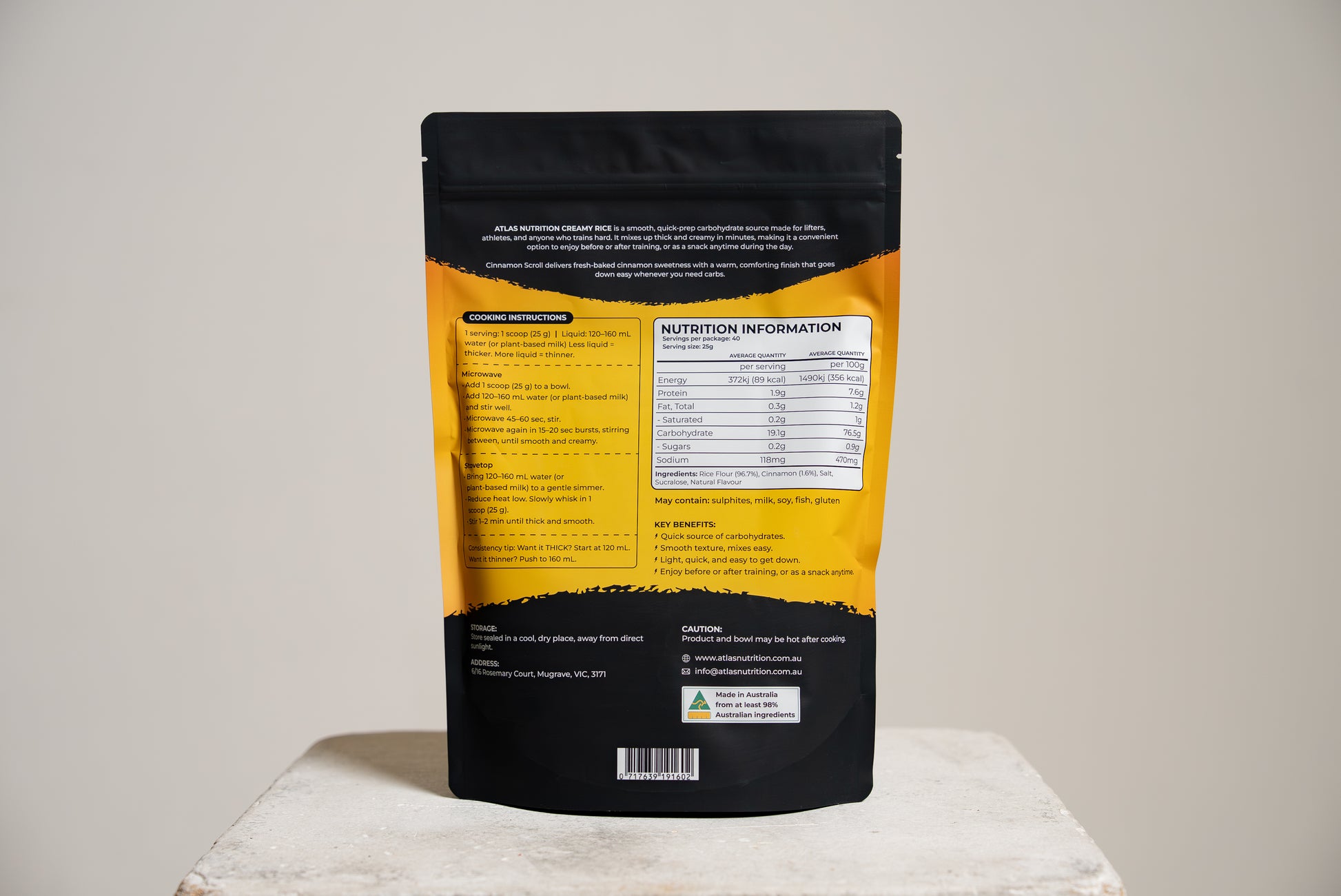 Atlas Nutrition Cinnamon Scroll Cream of Rice 1kg bag — instant carb source Australia
