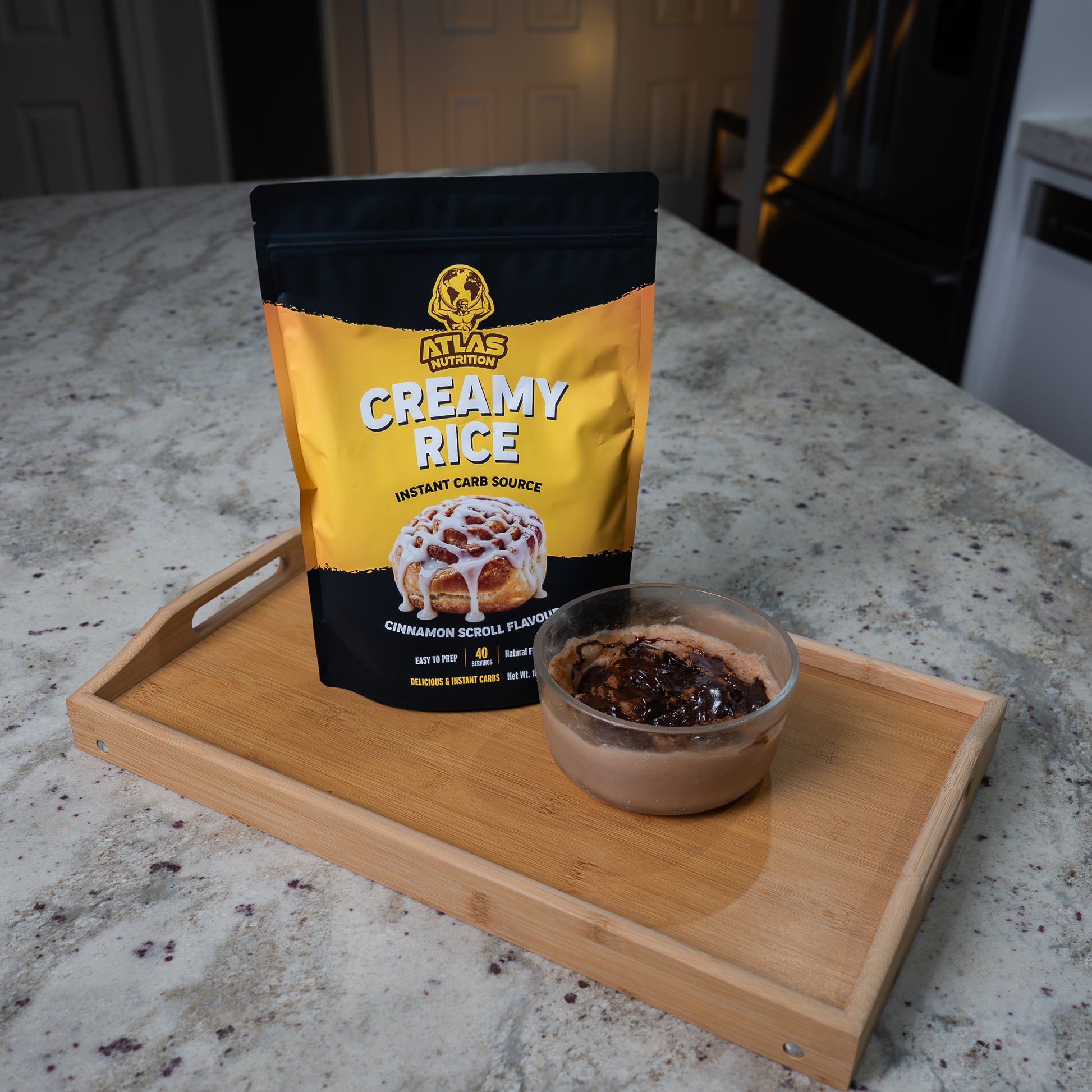 Atlas Nutrition Cinnamon Scroll Cream of Rice served with chocolate sauce topping — pre workout carb source Australia