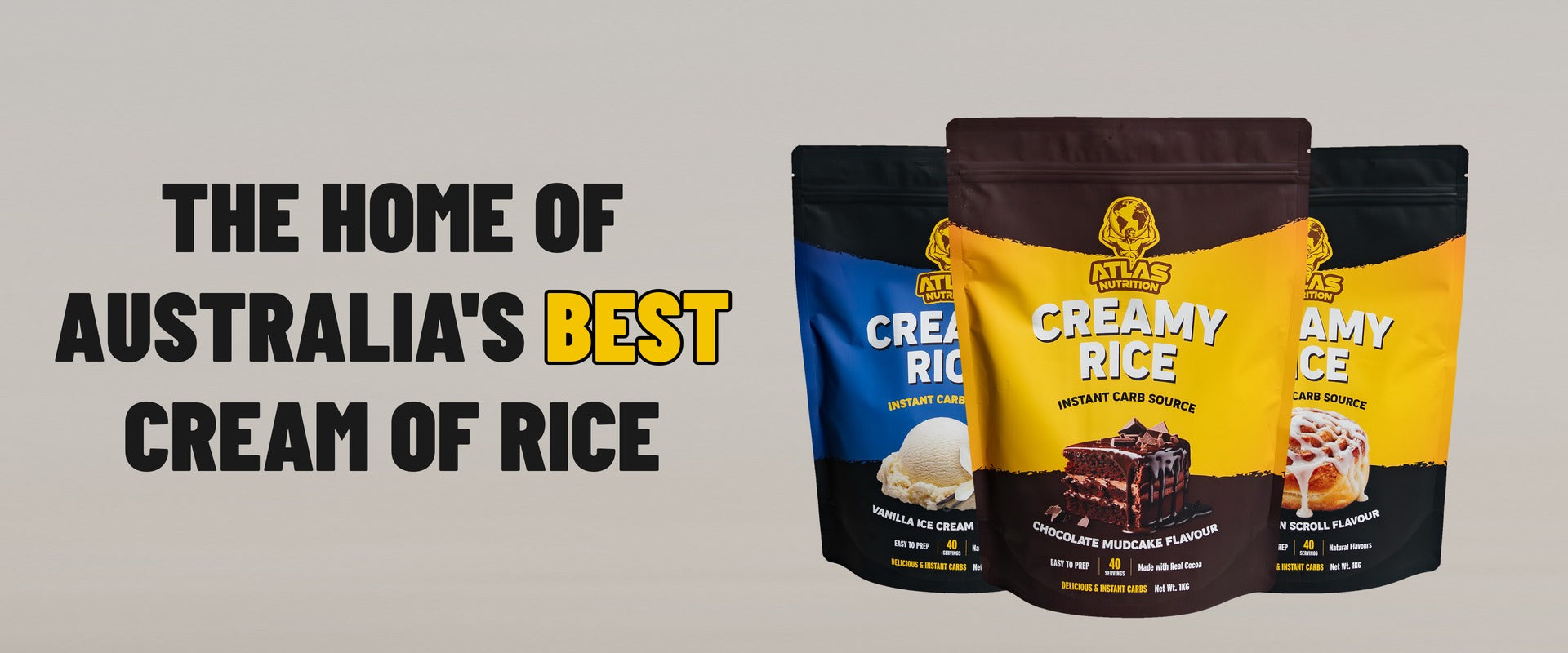 Atlas Nutrition Creamy Rice — three flavours, under 90 calories per serve, ready in 2 minutes